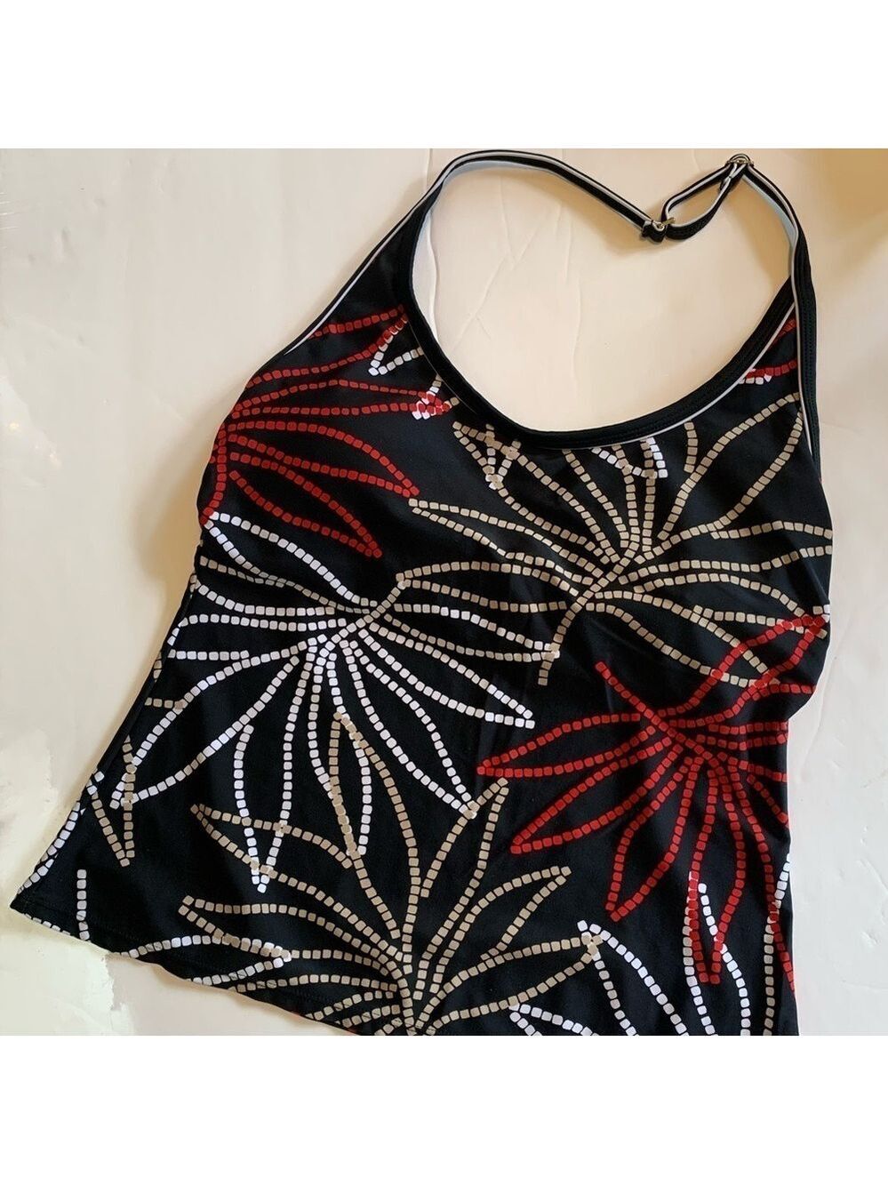 Jaclyn Smith Black White Tropical Print Tankini Swim Halter Top